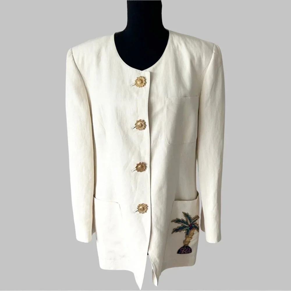 Vintage Louis Feraud Set Ivory Linen Blend Palm Tree Beaded Accent Blazer